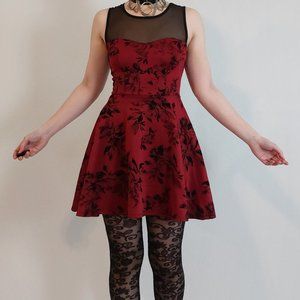 Red and Black Floral Fit and Flare Dress